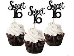 Black Glitter Sweet 16 Cupcake Toppers