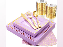 Purple Plastic Plates with Gold Dot &Gold Disposable Silverware