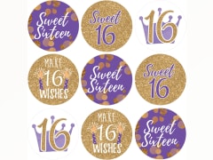 Purple and Gold Sweet Sixteen Kisses Candy Stickers