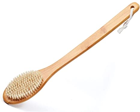 Body brush shower brush has soft bristles, can exfoliate, brush head wet or dry brush, special bamboo long handle is easier to clean the body