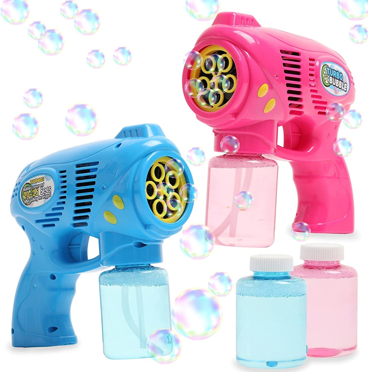 Bubble Guns for Kids and Toddlers, 2 Pack Bubble Gun Blower with Bubble Solution Refill 5 oz Each, Fun Summer Toy Blaster Game for Birthday Party and Wedding, Outdoor Toys for Boys and Girls