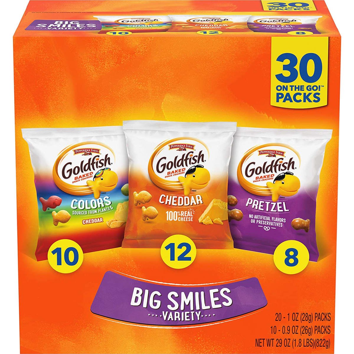 Goldfish Crackers Big Smiles with Cheddar, Colors, and Pretzel Crackers, Snack Packs, 30 CT Variety Pack Box