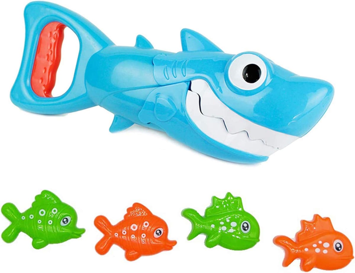 Shark Grabber Baby Bath Toys - 2022 Upgraded Blue Shark with Teeth Biting Action Include 4 Toy Fish Bath Toys for Kids Boys Girls Toddlers Ages 4-8