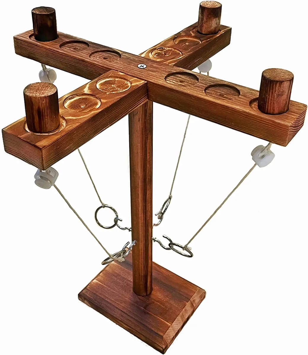 Wooden Hook and Ring Tossing Game with Shot Ladder