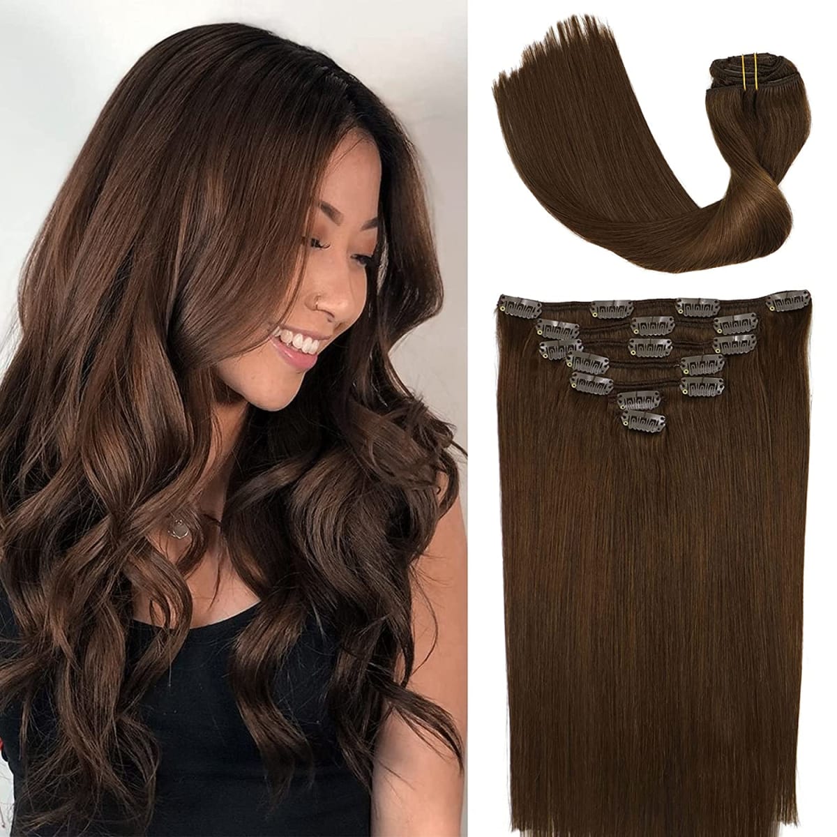 Clip in Human Hair Extensions 7 Pcs 70 Gram Medium Brown Clip in Real Extensions for Fine Hair Full Head Silky Straight Weft Remy Hair Extensions Clip on for Women 18 Inch