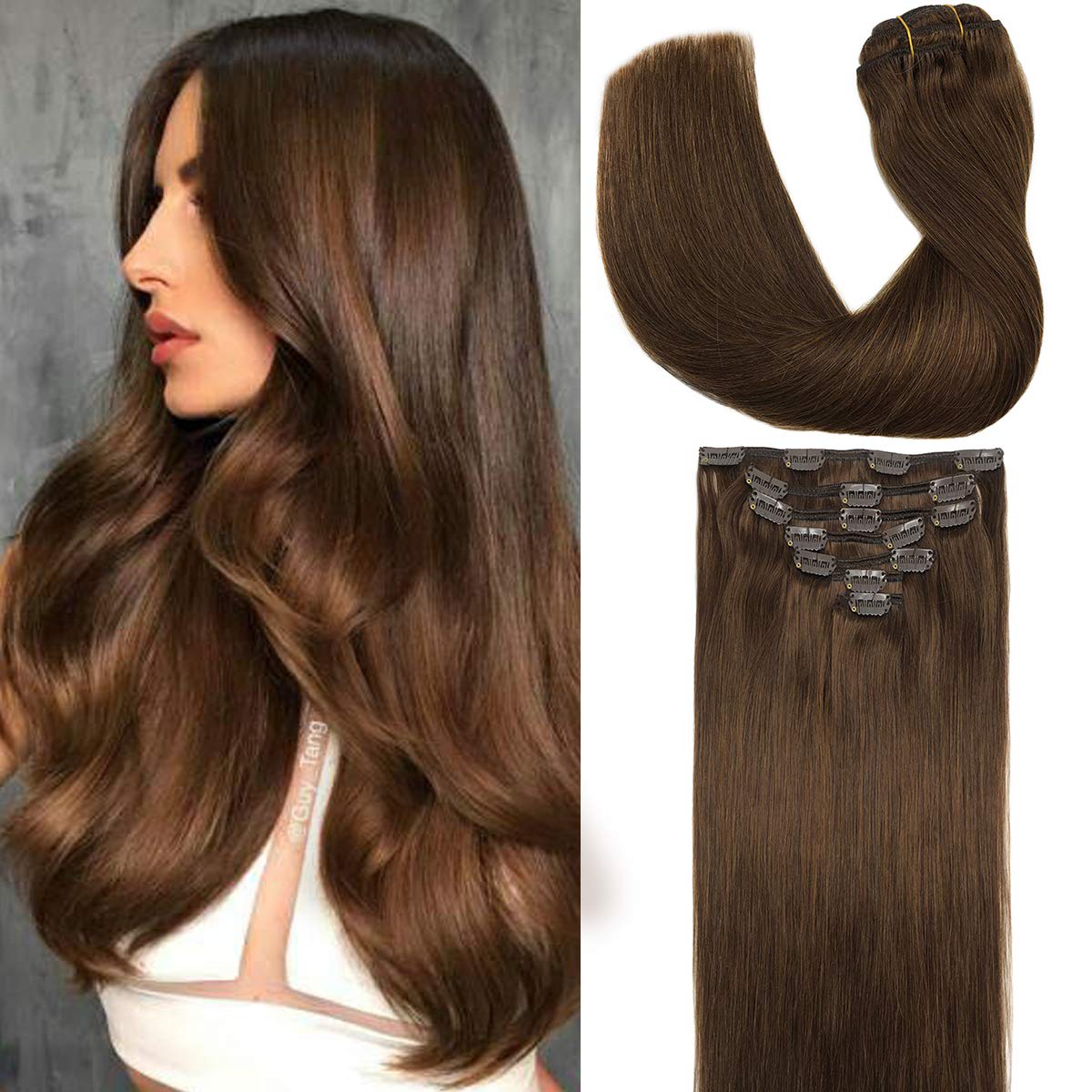 GOO GOO 22 Inch Human Hair Extensions Clip in Chocolate Brown Hair Extensions Clip in Straight Natural Hair Extensions Human Hair 7pcs 120g