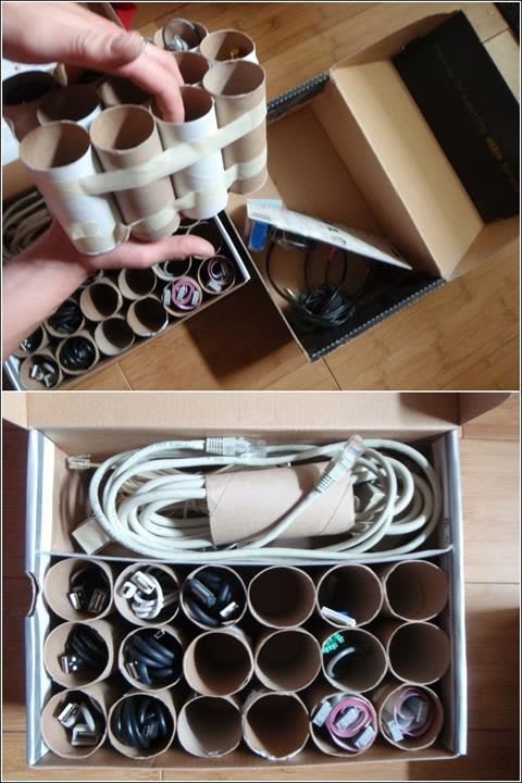 Organize your cables by placing them individually into empty toilet roll cardboards