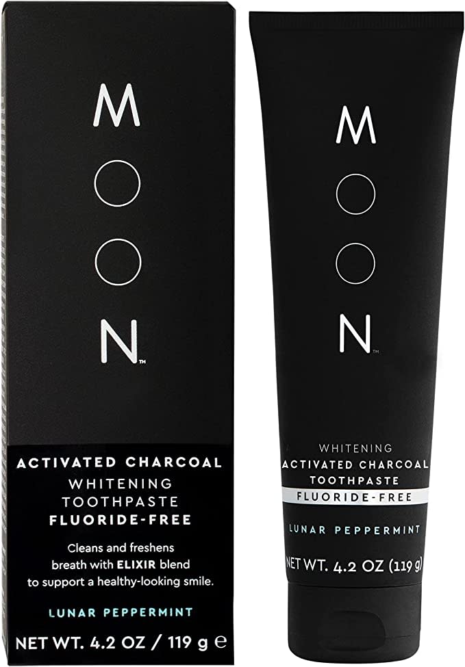 MOON Charcoal Whitening Toothpaste | Elixir X with Coconut for Teeth - Fluoride Free, Lunar Peppermint - 4.2oz