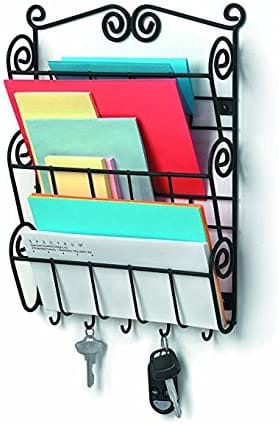 Scroll 3-Tier Mail Key Hooks Mount Entryway Mail & Keys, Wall Letter Holder for Home & Office Organization, Black