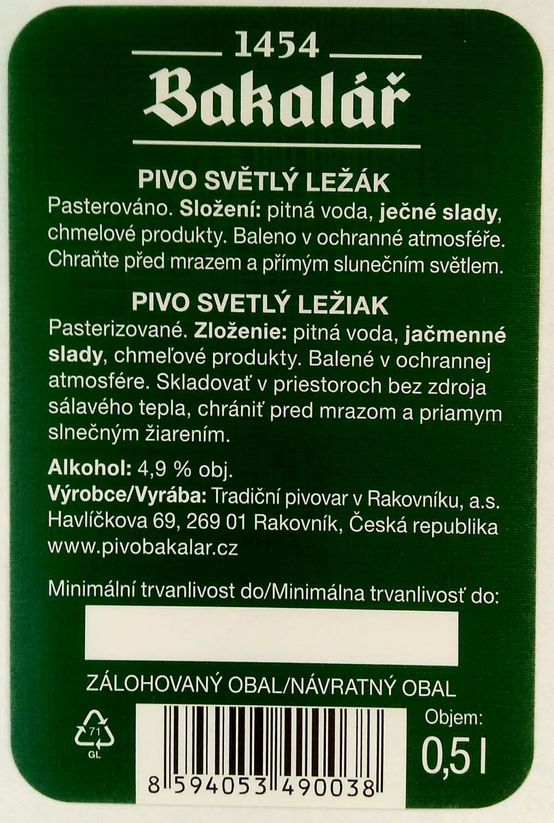 Bakalář Světlý ležák zelený SK Etk. B