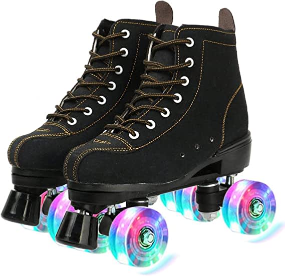 Roller Skates for Women High Top Suede Roller Skates Shiny Light Up Four Wheels Double Row Roller Skates for Men with a Shoes Bag