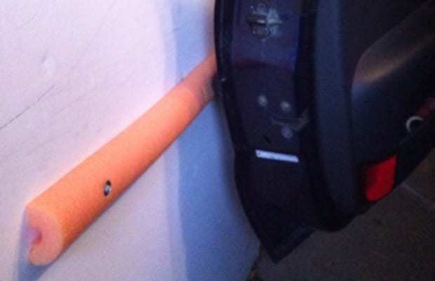 Cut and drill pool noodles onto the walls of your garage to prevent your car doors from getting damaged by the walls.