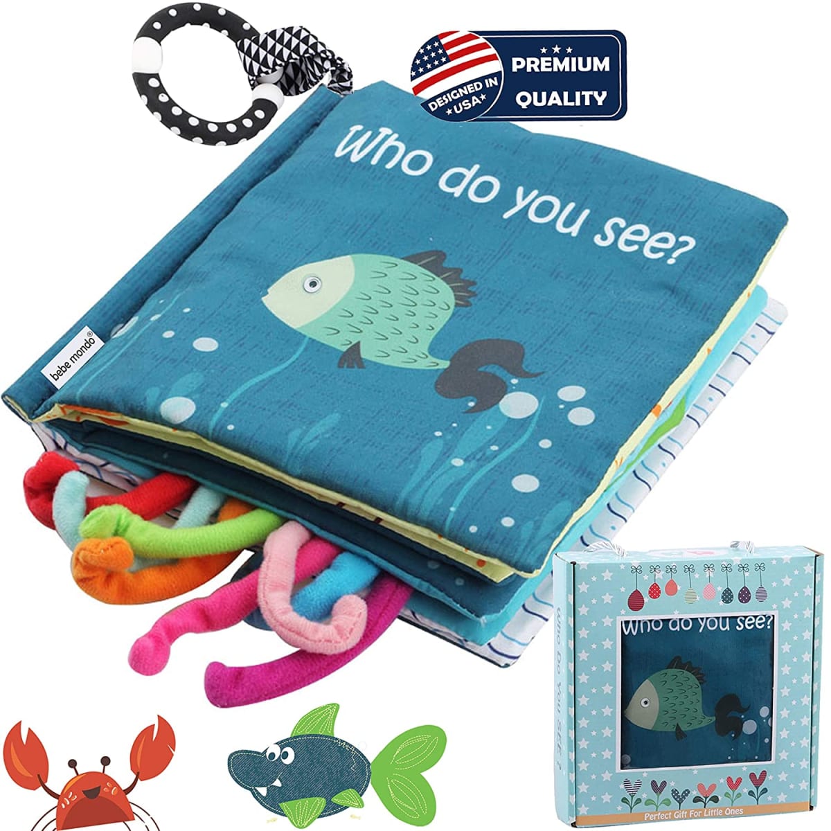Soft Cloth Crinkle Books Toys, Touch and Feel Baby Books 0-6 Months For Babies Infants Toddlers Toy 6 to 12 Months 1-3 Year Old Boy Girl Shower Gifts, Box & Teether Ring, Sensory Toys Fish Shark Tails