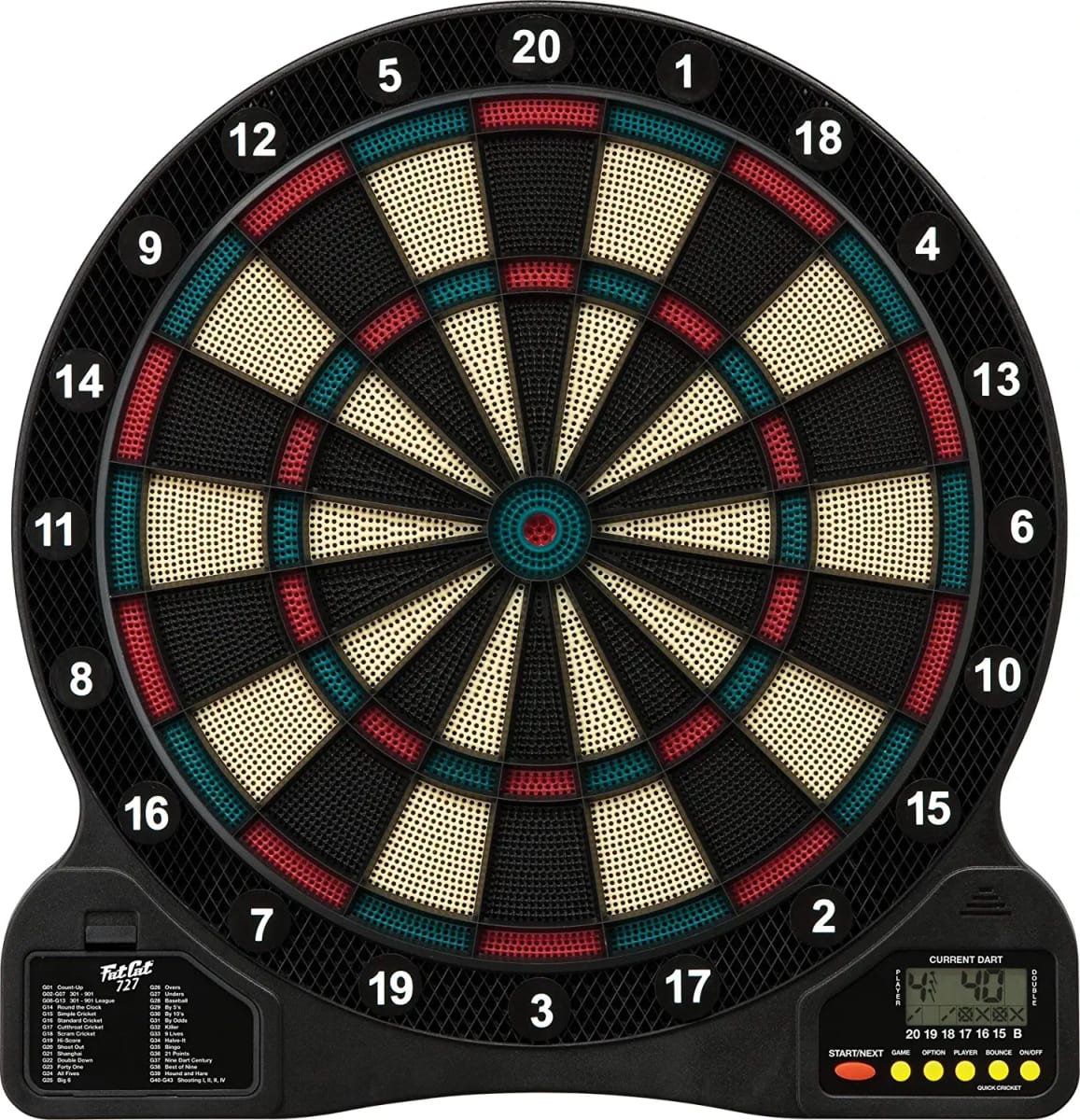 Fat Cat by GLD Products 727 Electronic Dartboard Value Size Over 15 Games and 132 Options Auto-Scoring Compact Display with Missed-Dart Throw Catch Ring Soft Tip Darts and Extra Points Battery Operated