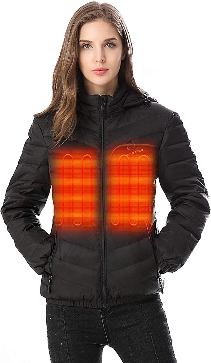 Venustas Women's Down Heated Jacket with Battery Pack 7.4V and Detachable Hood, 90% White Duck Down