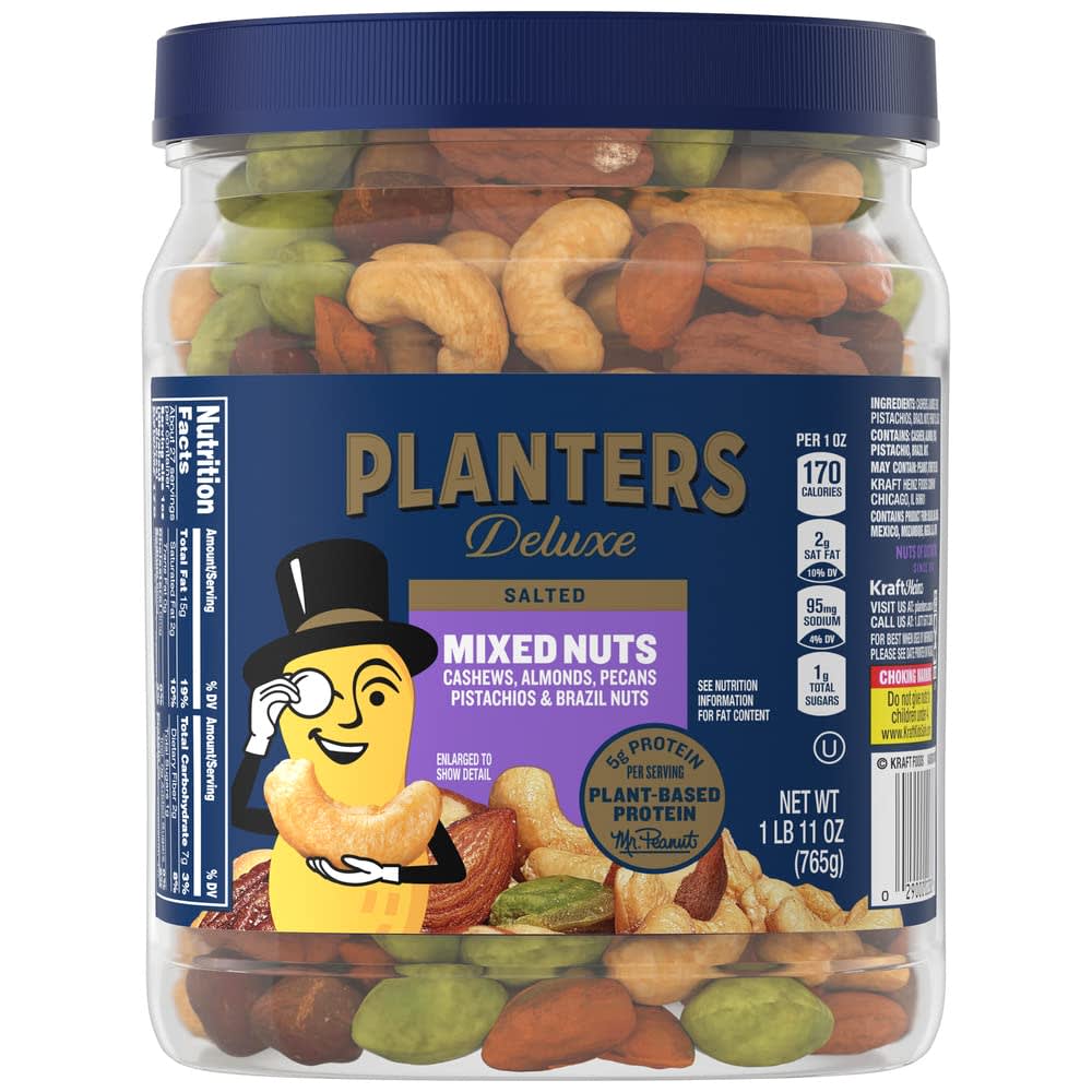 Deluxe Mixed Nuts with Sea Salt, 27 oz. Resealable Container - Variety Mixed Nuts Snacks with Cashews