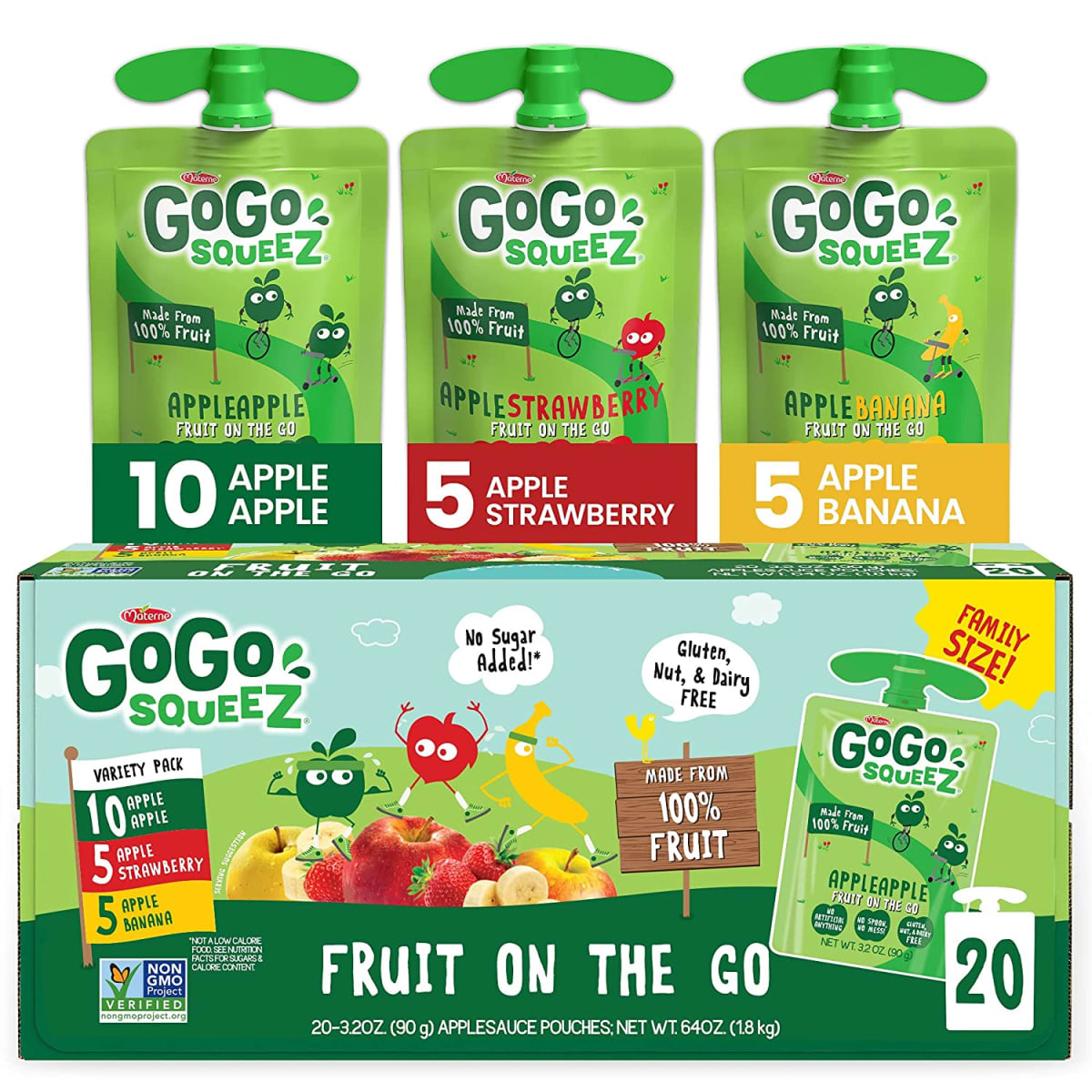 Fruit on the Go Variety Pack, Apple Apple, Apple Banana, & Apple Strawberry, - Tasty Kids Applesauce Snacks - Gluten Free Snacks for Kids - Nut & Dairy Free - Vegan Snacks