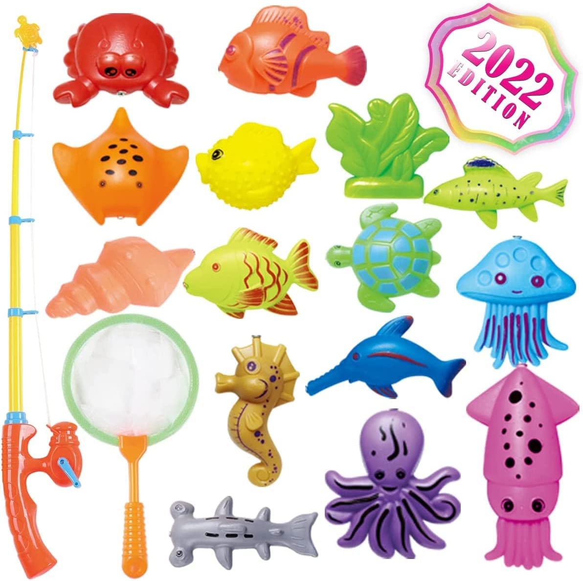 Kids Fishing Bath Toys Game - 17Pcs Magnetic Floating Toy Magnet Pole Rod Net, Plastic Floating Fish - Toddler Education Teaching and Learning Colors (New)