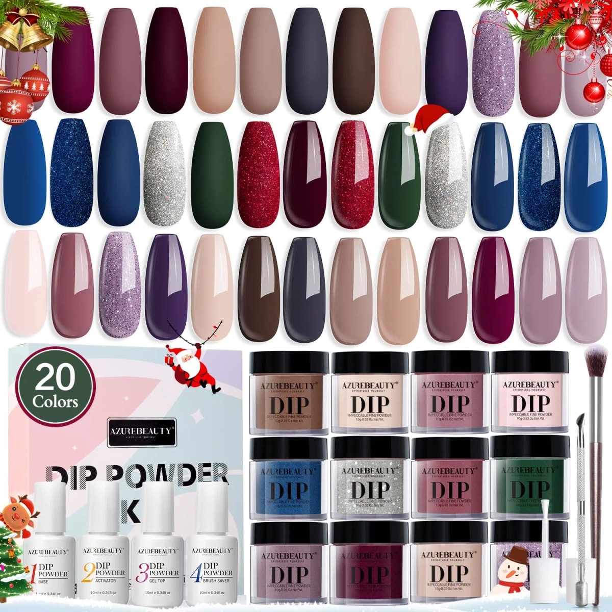 Dip Powder Nail Kit Starter, Fall Winter 20 Colors Nude Brown Purple Blue Green Red Glitter Acrylic Dipping Powder System Liquid Set with Top/Base Coat for French Nail Art Manicure DIY Salon Women Christmas Gift