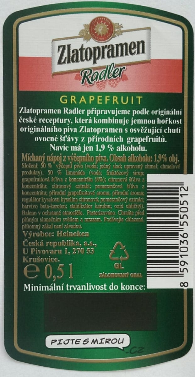 Zlatopramen Radler Grapefruit Etk. B