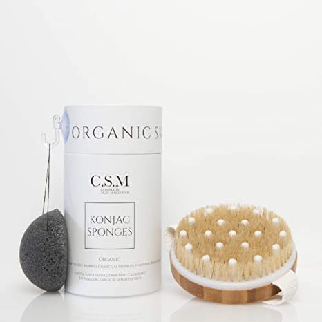 CSM Body Brush & Konjac Sponges (3-Pack) Bundle - Wet or Dry Body Brush - Remove Cellulite and Dry Skin, and Improves Circulation - Facial Sponges - Cleanses Dirt, Oil, Dead Skin, and Makeup