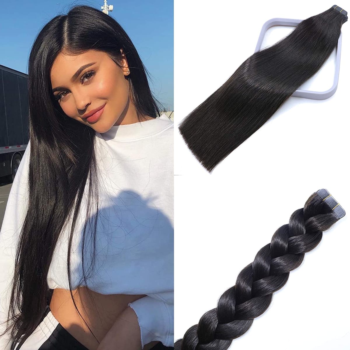 Double Sided Tape Skin Weft Tape in Hair Extensions Natural Off Black Hair Extensions For Black Women 20 Pieces Natrual Remy Hair 22 inch Seamless Silky Full Head 50g