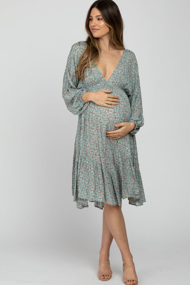 Sage Ditsy Floral V-Neck Handkerchief Maternity Dress