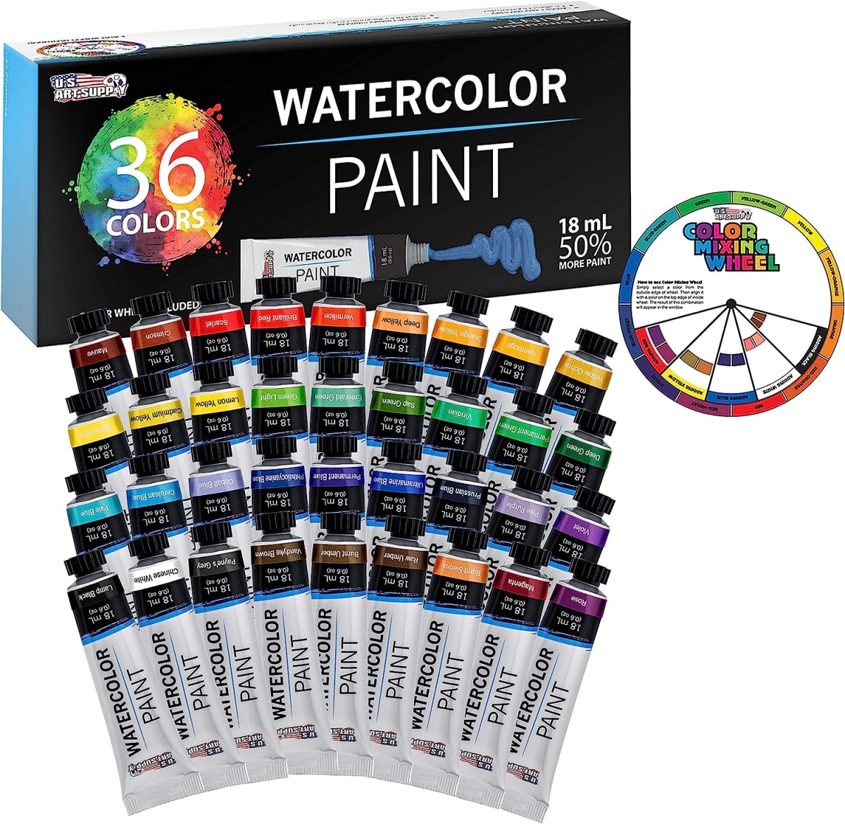 Professional 36 Color Set of Watercolor Paint in Large 18ml Tubes