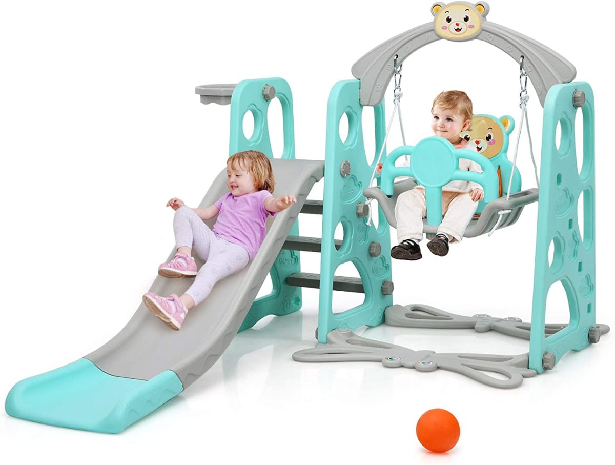 4 in 1 Toddler Swing and Slide Set, Kids Play Climber Slide Playset with Safety Belt, Basketball Hoop, Extra Long Slide and Ball, Baby Swing Set for Indoor Outdoor Backyard