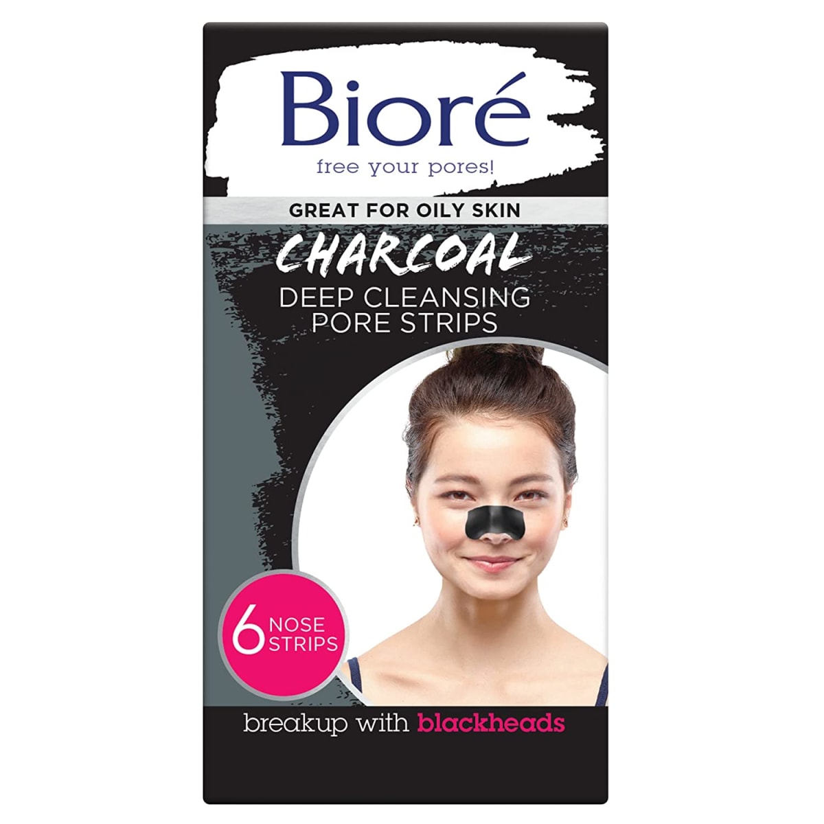 Bioré Charcoal, Deep Cleansing Pore Strips, Nose Strips for Blackhead Removal on Oily Skin, with Instant Blackhead Removal and Pore Unclogging, 6 Count, Features Natural Charcoal, 3x Less Oil