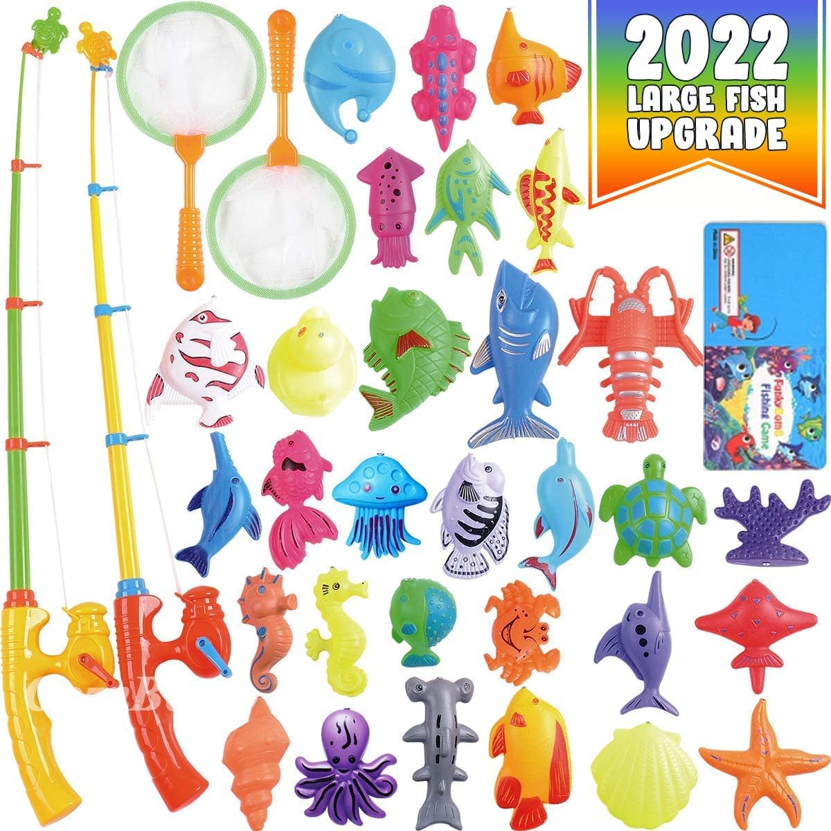 Magnetic Fishing Pool Toys Game for Kids - Water Table Bathtub Kiddie Party Toy with Pole Rod Net Plastic Floating Fish Toddler Color Ocean Sea Animals Gifts Age 3 4 5 6 Year Old