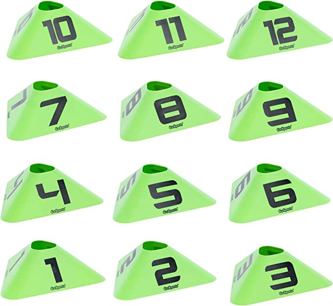 GoSports Modern Sports Cones - 12 Pack with Numbered Cones - Great for Soccer