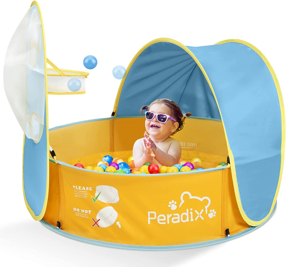 Paddling Pool for Kids & Pets, Kids Ball Pit Tent 3 in 1, Pop Up Wading Pool Tent with UV Protection Sunshade Canopy Basketball Hoop, Portable Beach Backyard Toys for Indoor Outdoor Activity