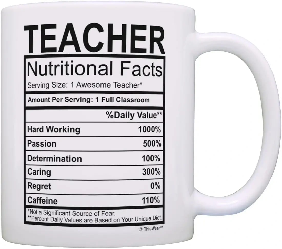 Teacher Gifts for Women Teacher Nutritional Facts Teacher Appreciation Gifts Funny Teacher Mug 11oz Ceramic Coffee Mug White