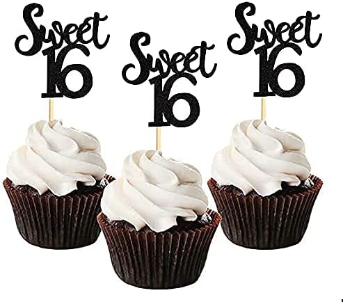 Black Glitter Sweet 16 Cupcake Toppers