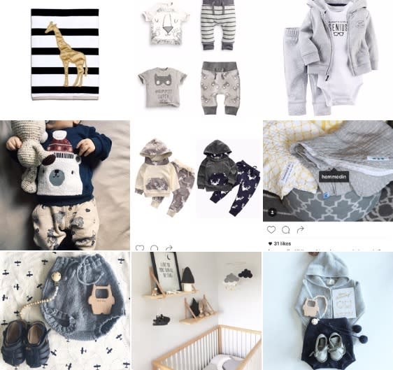 Baby outfits (mainly greys blues blacks whites)