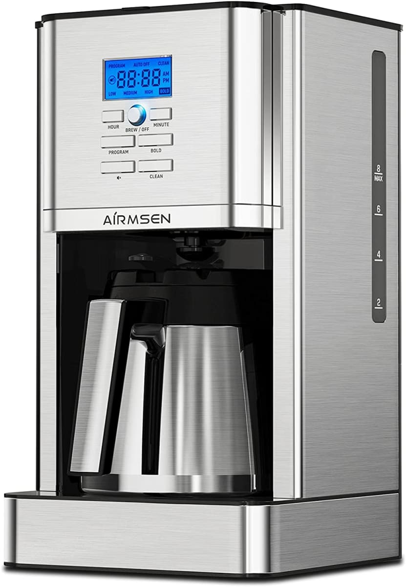 AIRMSEN Drip Coffee Maker 8 Cup, Programmable Coffee Maker 4 Hours Warming Stainless Steel Coffee Machine with Thermal Carafe, Reusable Filter for Home and Office - CM1705WE