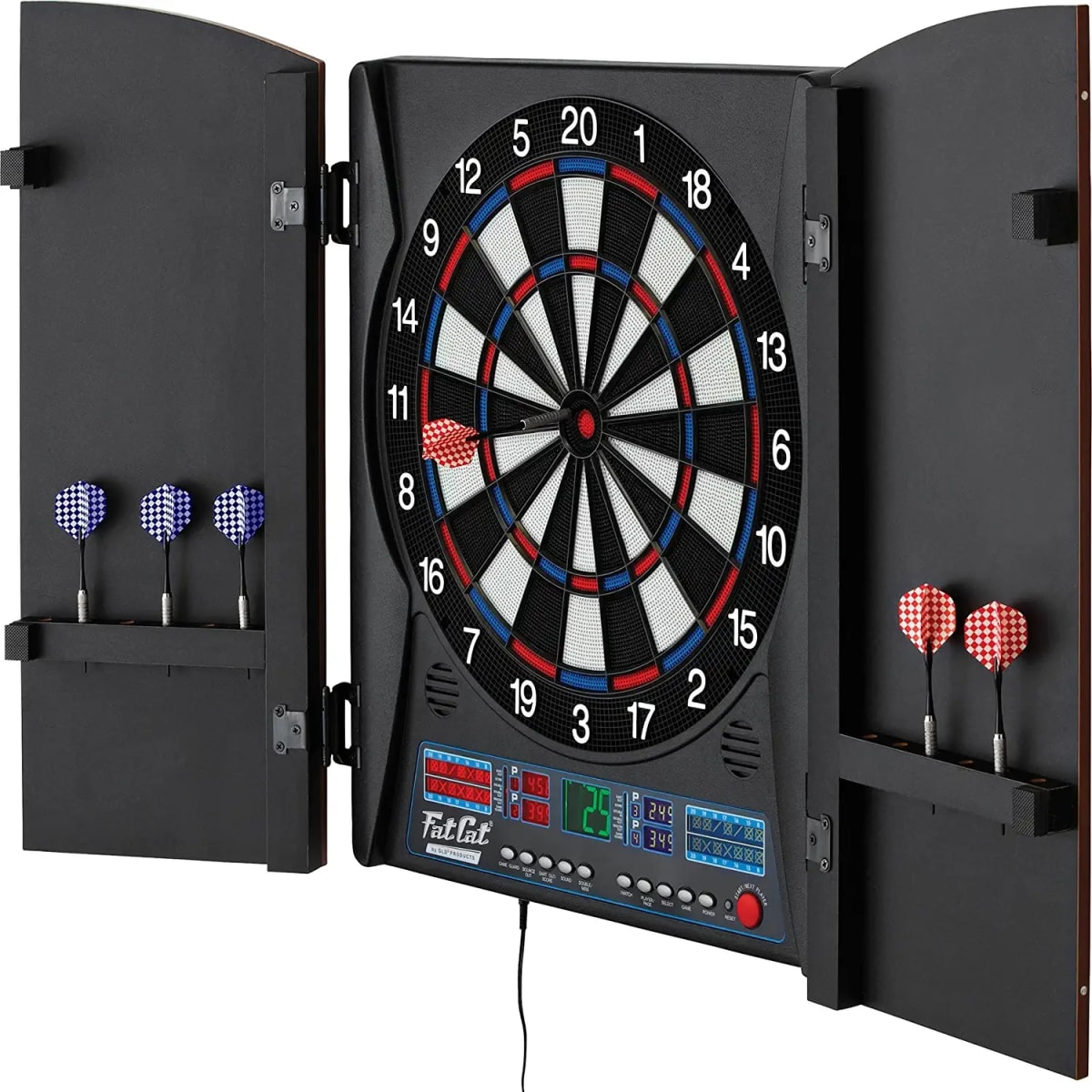 Fat Cat Electronx Electronic Dartboard Compact Size Over 35 Games with 167 Options Built-In Cabinet and Dart Storage for up to 12 Darts Auto Scoring LCD Display 8-Player Multiplayer and Soft Tip Darts