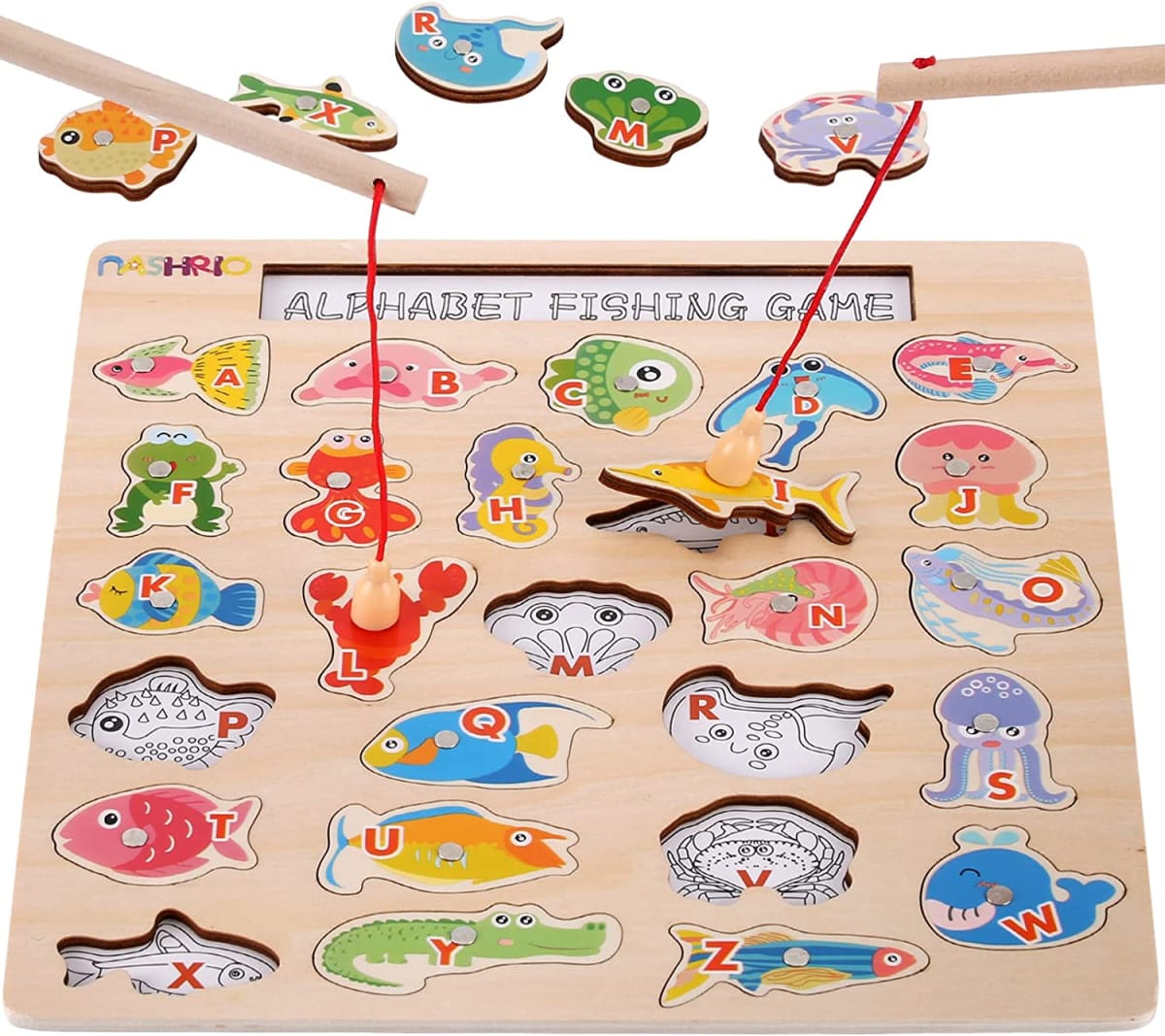 Magnetic Wooden Fishing Game Toy for Toddlers, Alphabet Fish Catching Games Puzzle with Letters, Preschool Learning ABC Educational Toys for 3 4 5 6 Years Old Girl Boy Kids