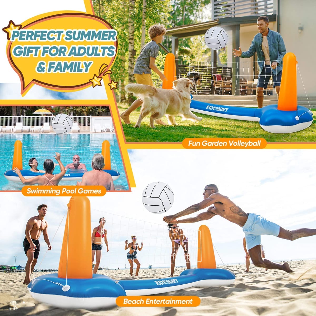 Pool Volleyball Set & Basketball Hoop - 120'' Larger Pool Volleyball Net for Inground Includes 2 Balls & 2 Weight Bags, Pool Toys Game for Kids Teens and Adults - Volleyball Court (120”x38”x30”)