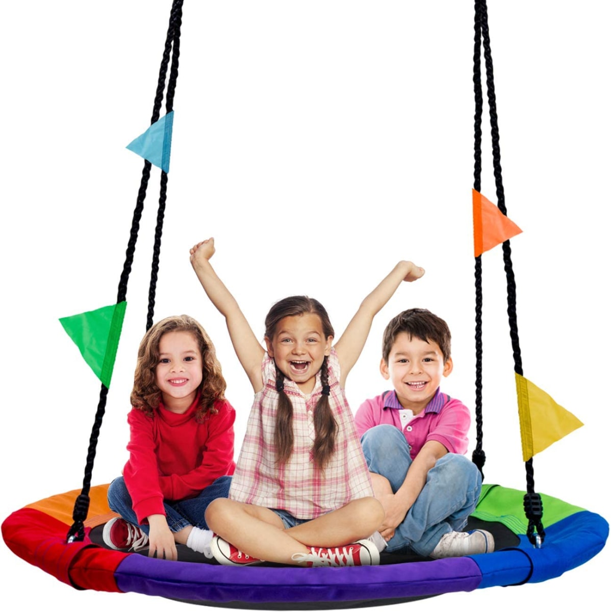 Saucer Tree Swing 40 Inch in Multi-Color Rainbow – Kids Indoor/Outdoor Round Mat Swing – Great for Tree, Swing Set, Backyard, Playground, Playroom – Accessories Included