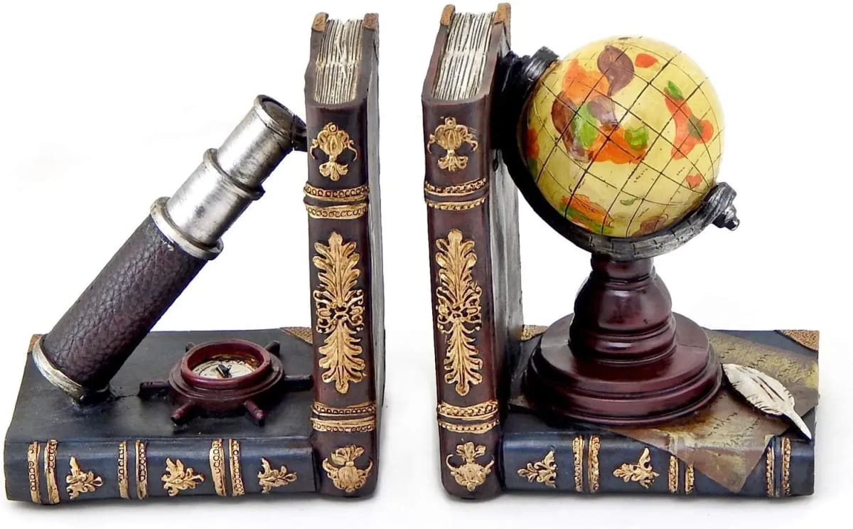 26263 Telescope and Globe Bookends Pirate Old World Nautical Books Holder