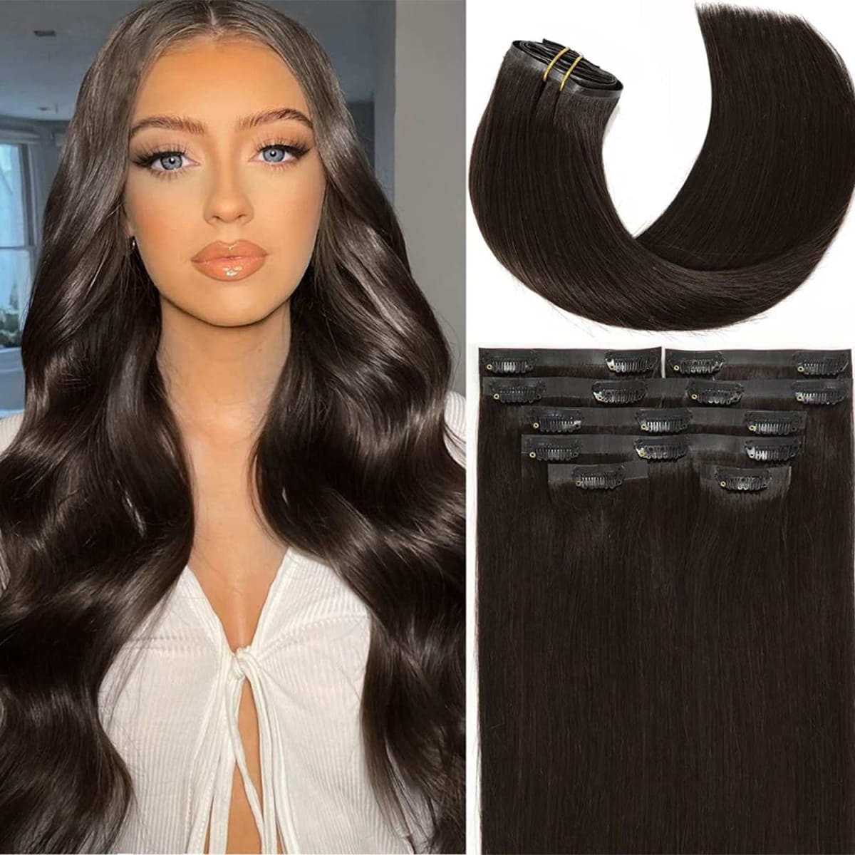 LacerHair Seamless Clip in Human Hair Extensions Ultra Thin Invisible PU Weft Clip On Hair Extensions 22 Inch 7Pcs 110g Hair Extensions Clip in Human Hair for Fine Thin Hair Women #1B Natural Black