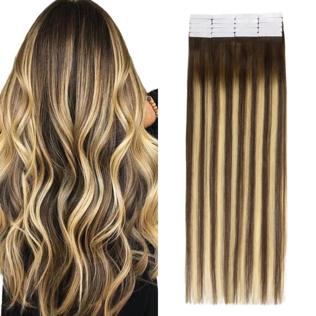 Maxfull Brown Balayage Tape In Remy Human Hair Extensions, For Fine Thin Hair,Seamless Silicon Tape In Hair Extensions, 20pcs, 18inch, 50g