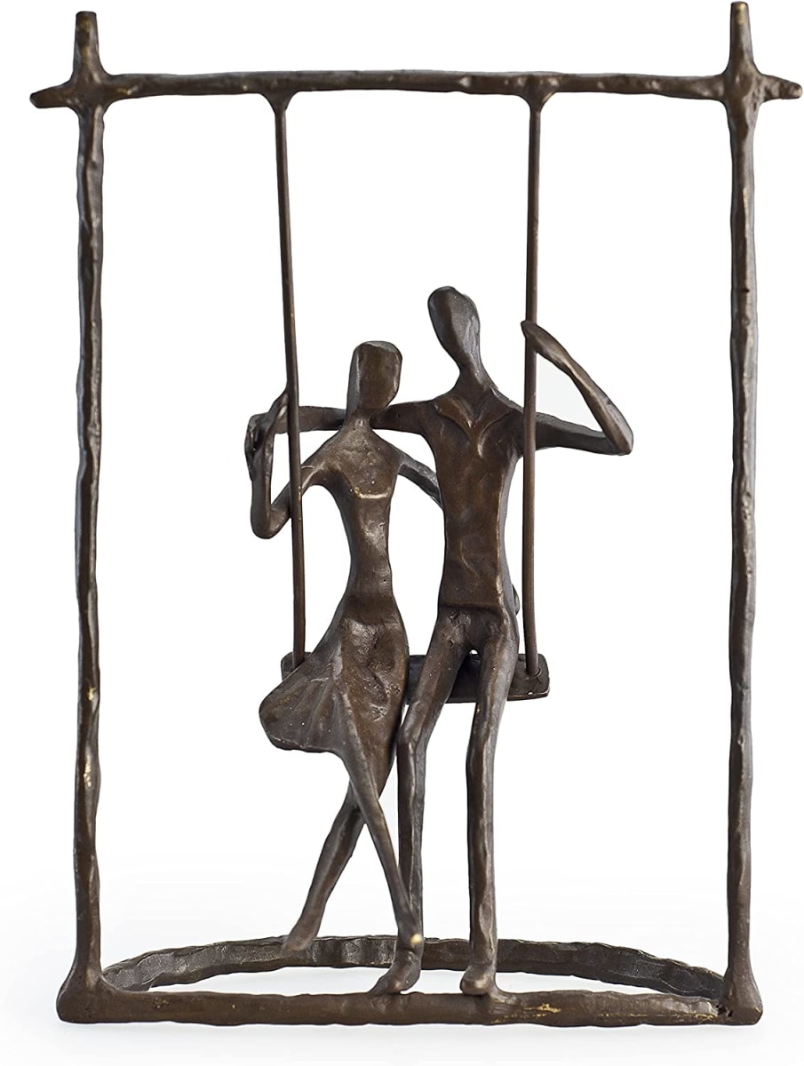 Contemporary Metal Art Shelf Décor - Cast Bronze Sculpture - Couple on a Swing for Home and Office Decor, Makes Great Anniversary, Wedding and Valentine's Day Gift