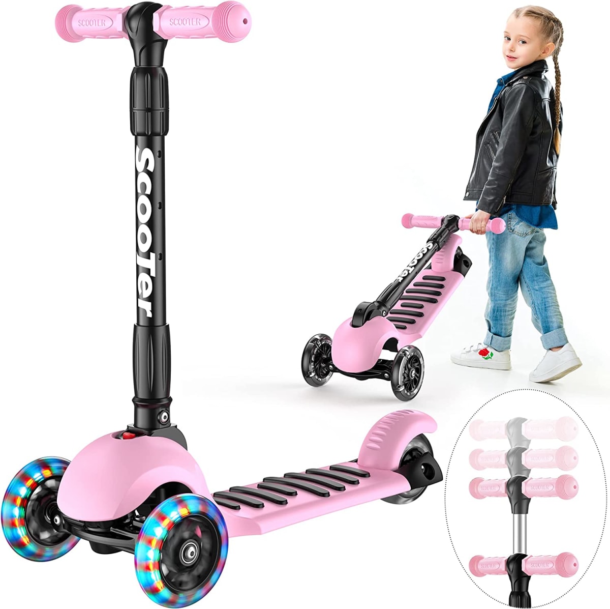 Scooter Foldable Adjustable Height Easy Turning 3 Wheel Scooter Kids Boys Girls Flashing PU Wheels