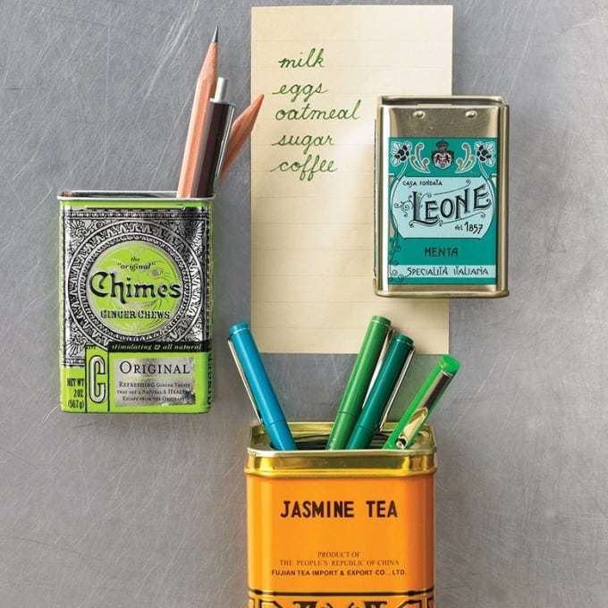 Maximize space with magnet containers. Glue magnets onto the backs of empty tea tins as new magnetic containers to store pens and all of your other household items.