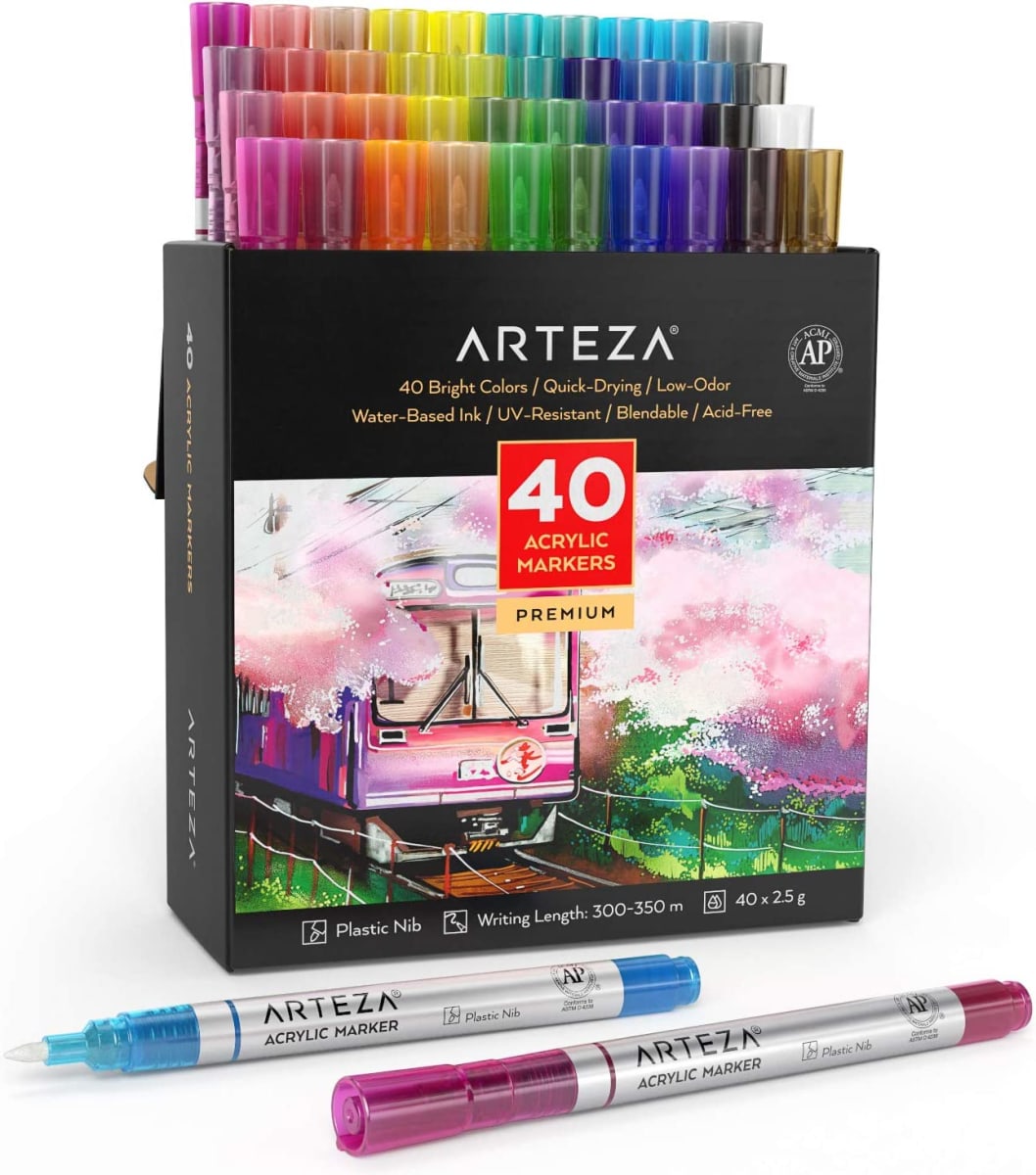 Arteza Acrylic Paint Markers, 40 Assorted Color Pens with Replaceable Tips