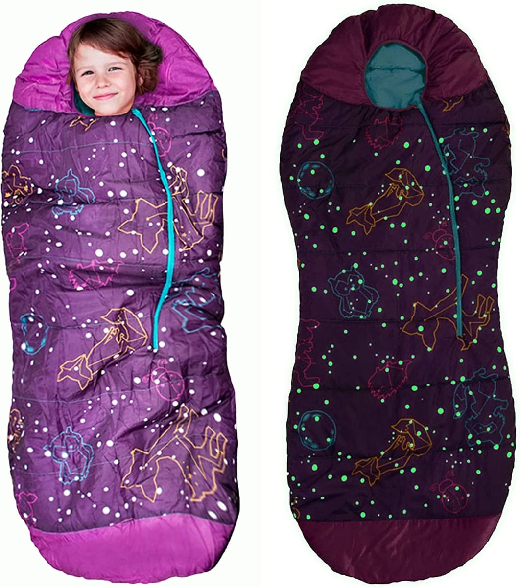 Glow in The Dark Mummy Sleeping Bag for Kids and Youth, Temperature Rating 30°F/-1°C, Water-Resistant for Camping, Hiking, and Slumber Party