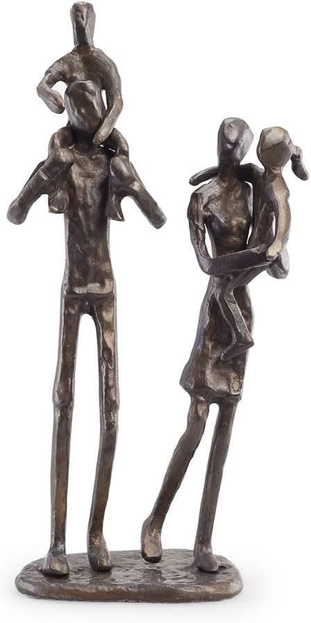 Parents Carrying Children Bronze Sculpture, Contemporary Metal Shelf Décor for Home or Office, Celebrating Families, Family of Four, Gift for Couple with Two Children